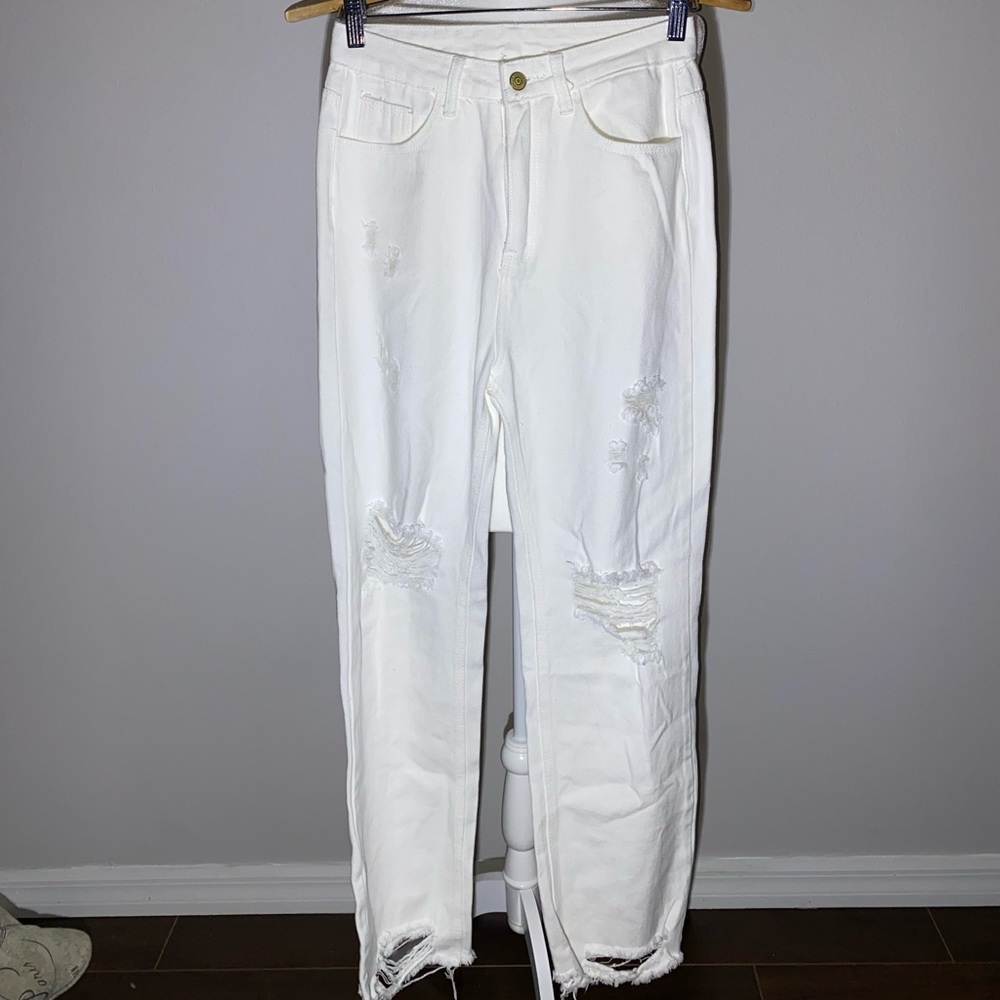 Shein High Waisted Ripped Raw Hem Straight Leg Jeans